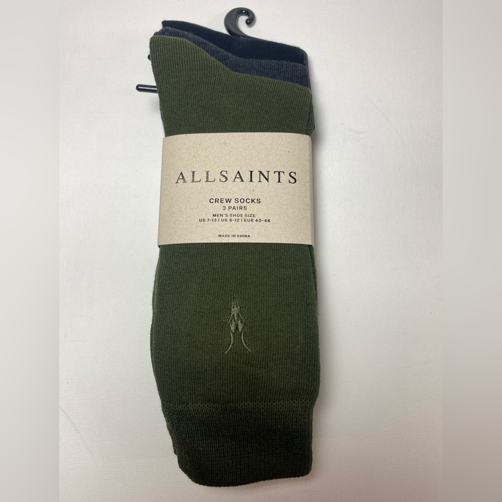 Allsaints NWT Three Pack Olive Green, Black, & Grey Crew Socks with Logo